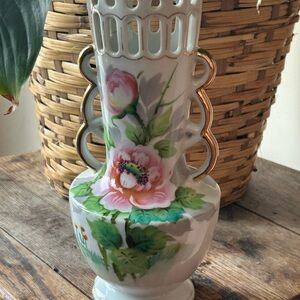 Antique Occupied Japanese Floral Ceramic Vase with Gold Accents